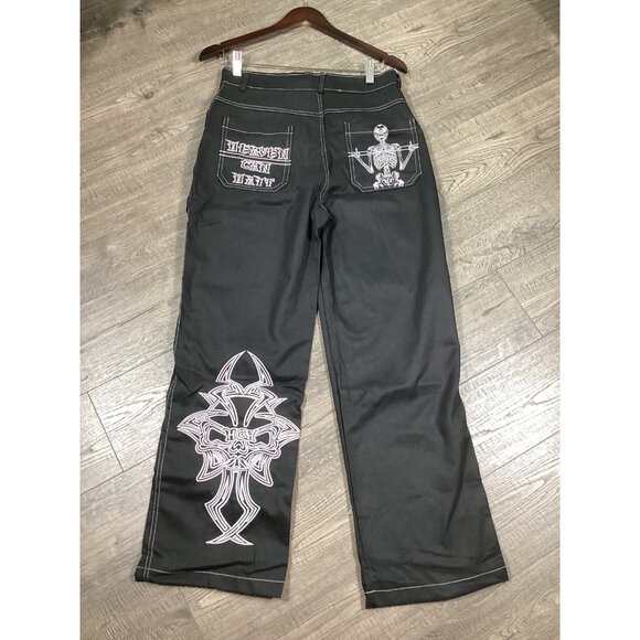 Amalfi Heaven Can Wait Black Mens Denim Pants Size L Streetwear Embroidered NWT - Picture 2 of 10